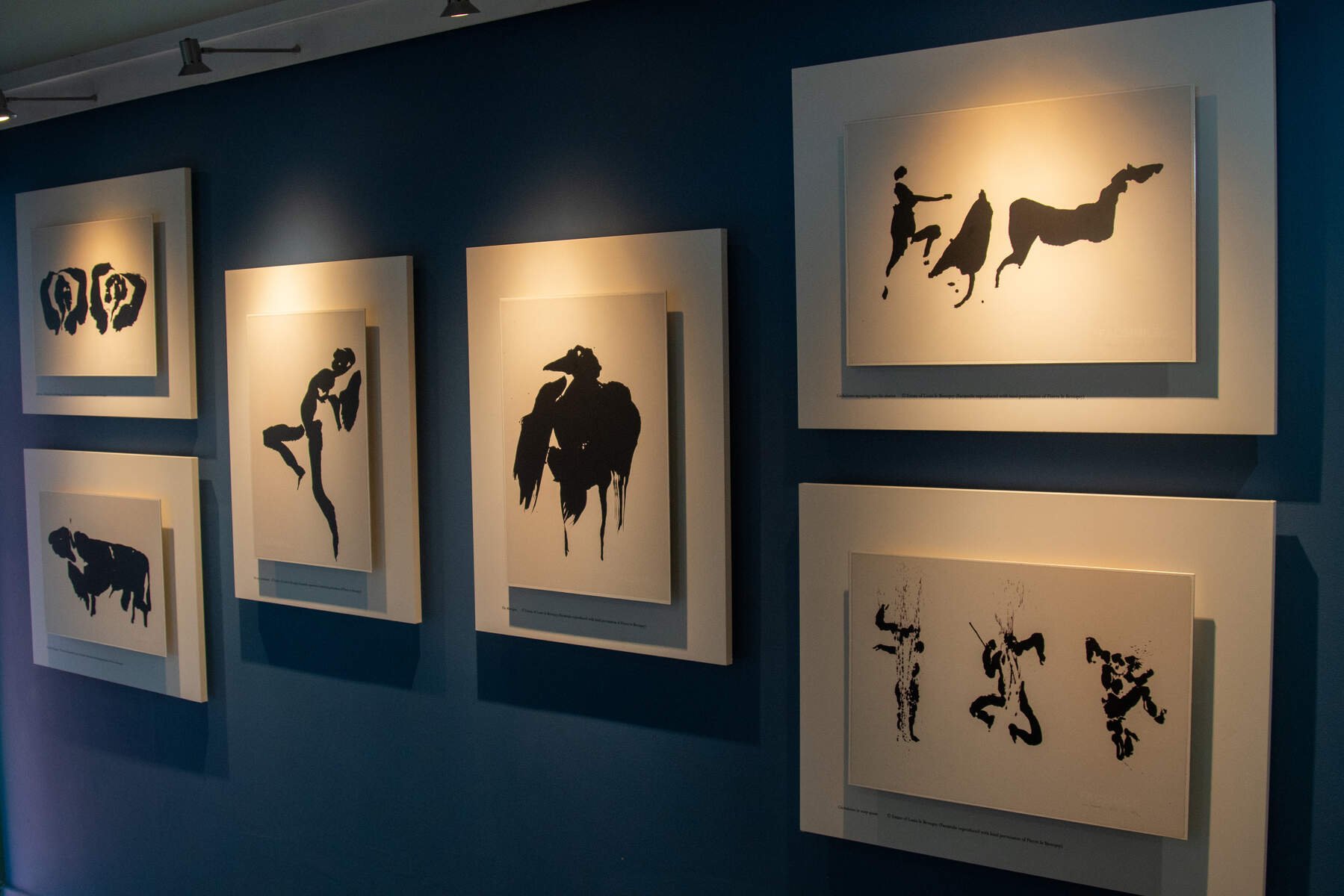 A blue wall with white picture frames showcasing ancient art drawings in black