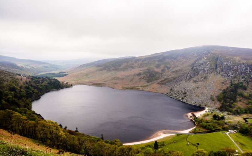 Lough Tay County Wicklow and surrounding forestry and fields.