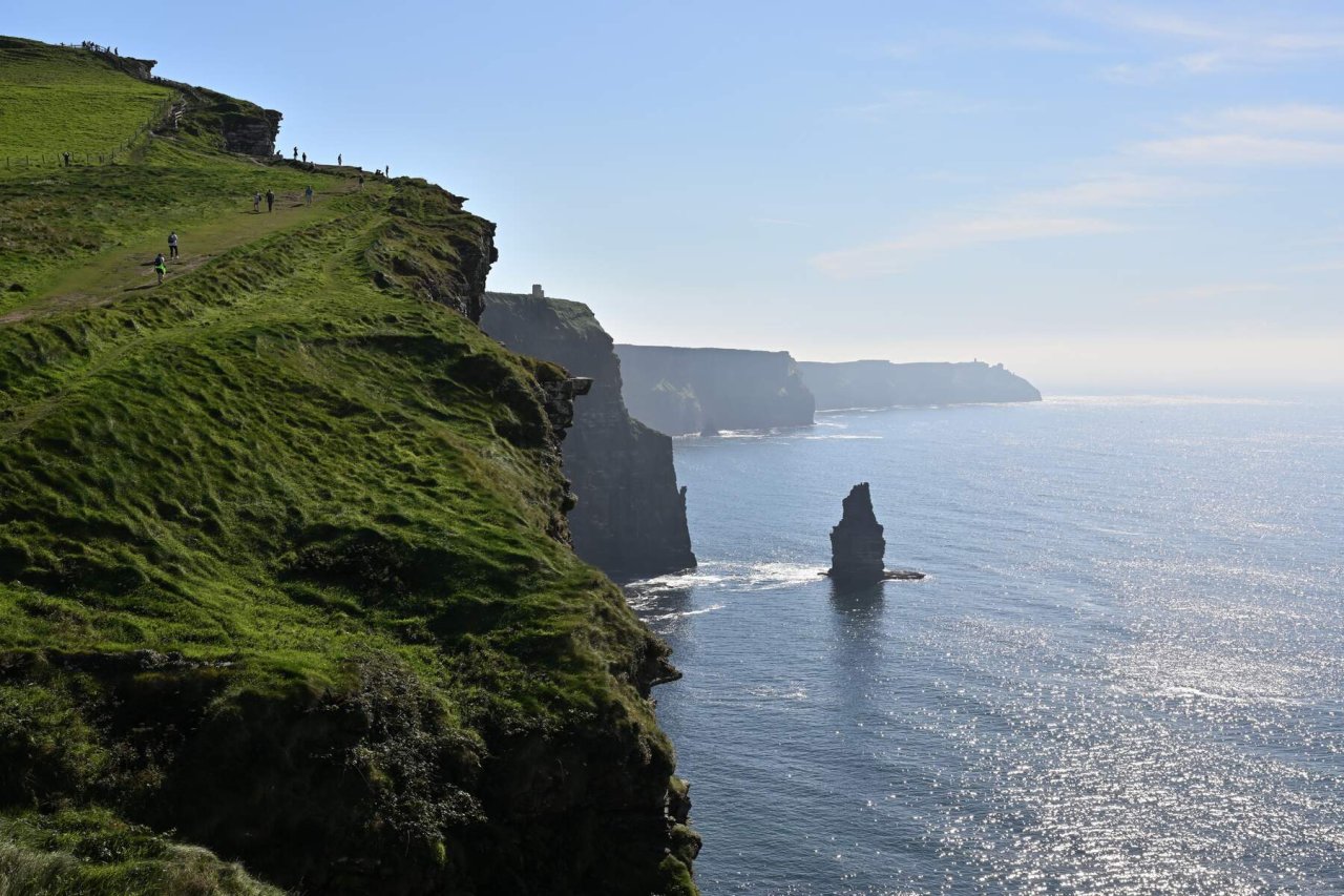 blue skies at the cliffs of moher
